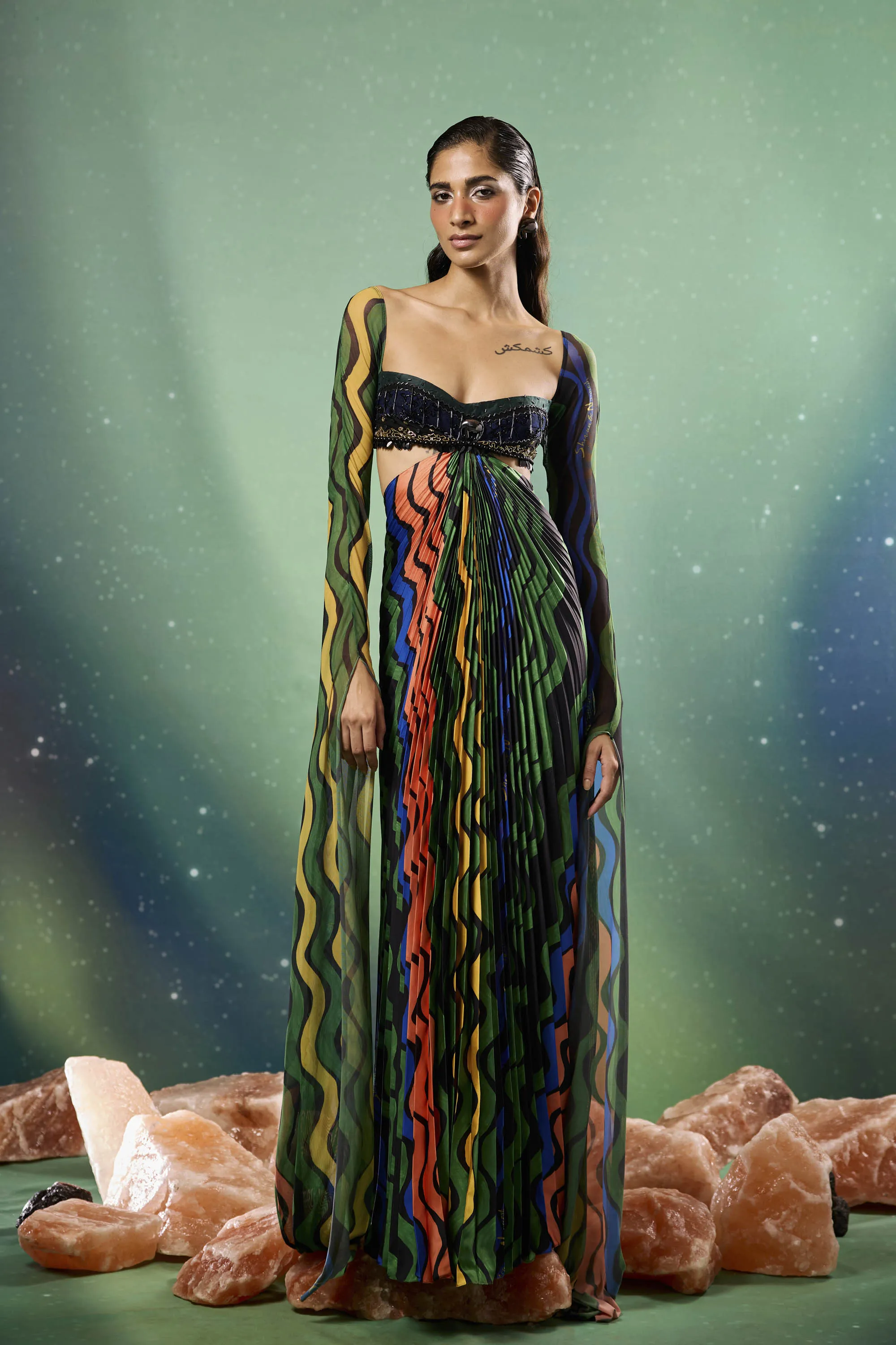 Aurorays Embellished Pleated Maxi with Cape Sleeves