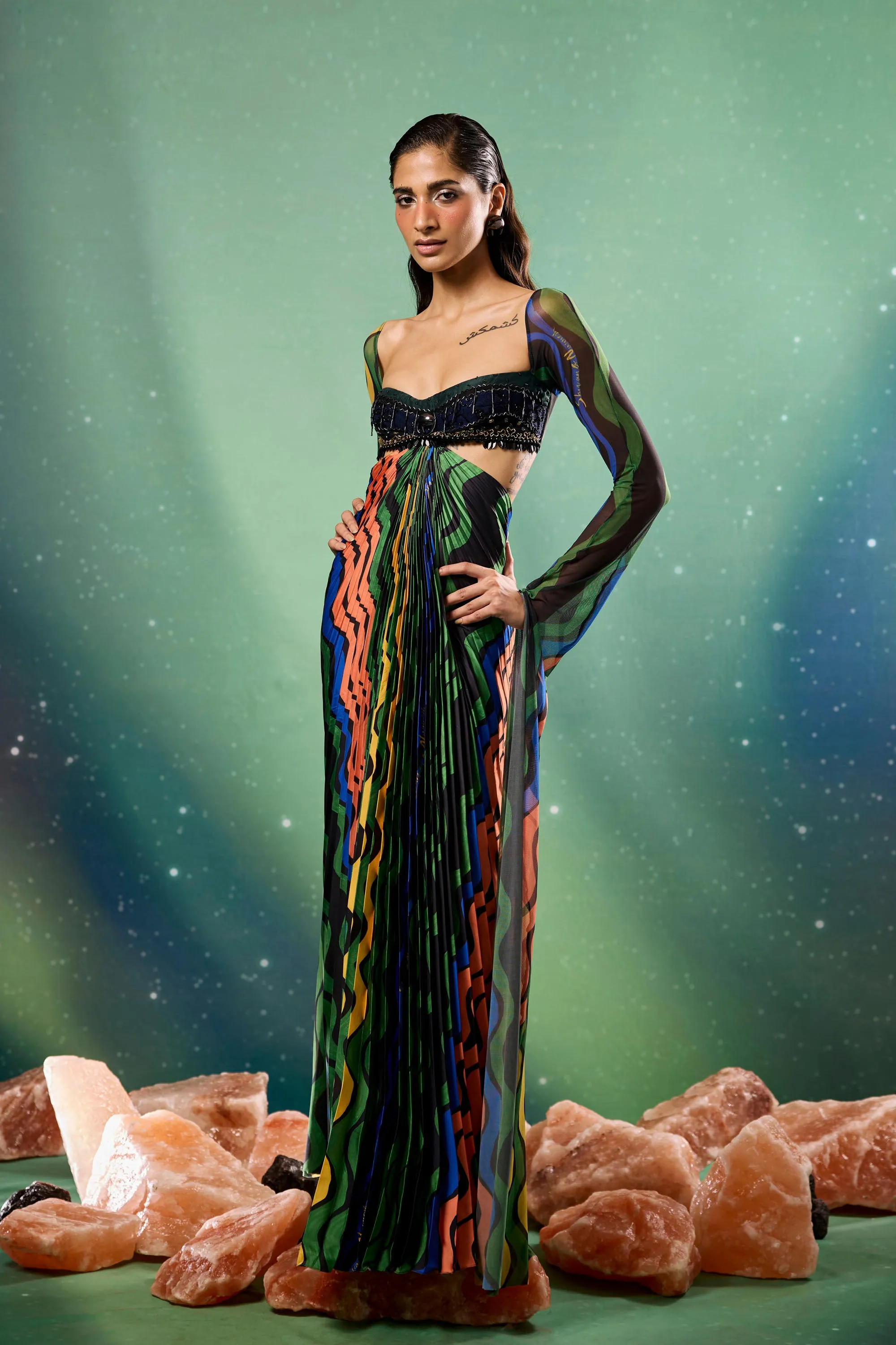Aurorays Embellished Pleated Maxi with Cape Sleeves