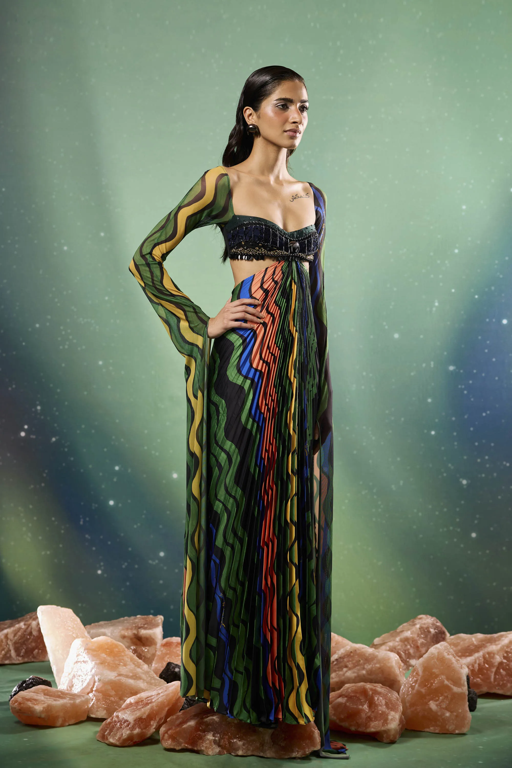 Aurorays Embellished Pleated Maxi with Cape Sleeves