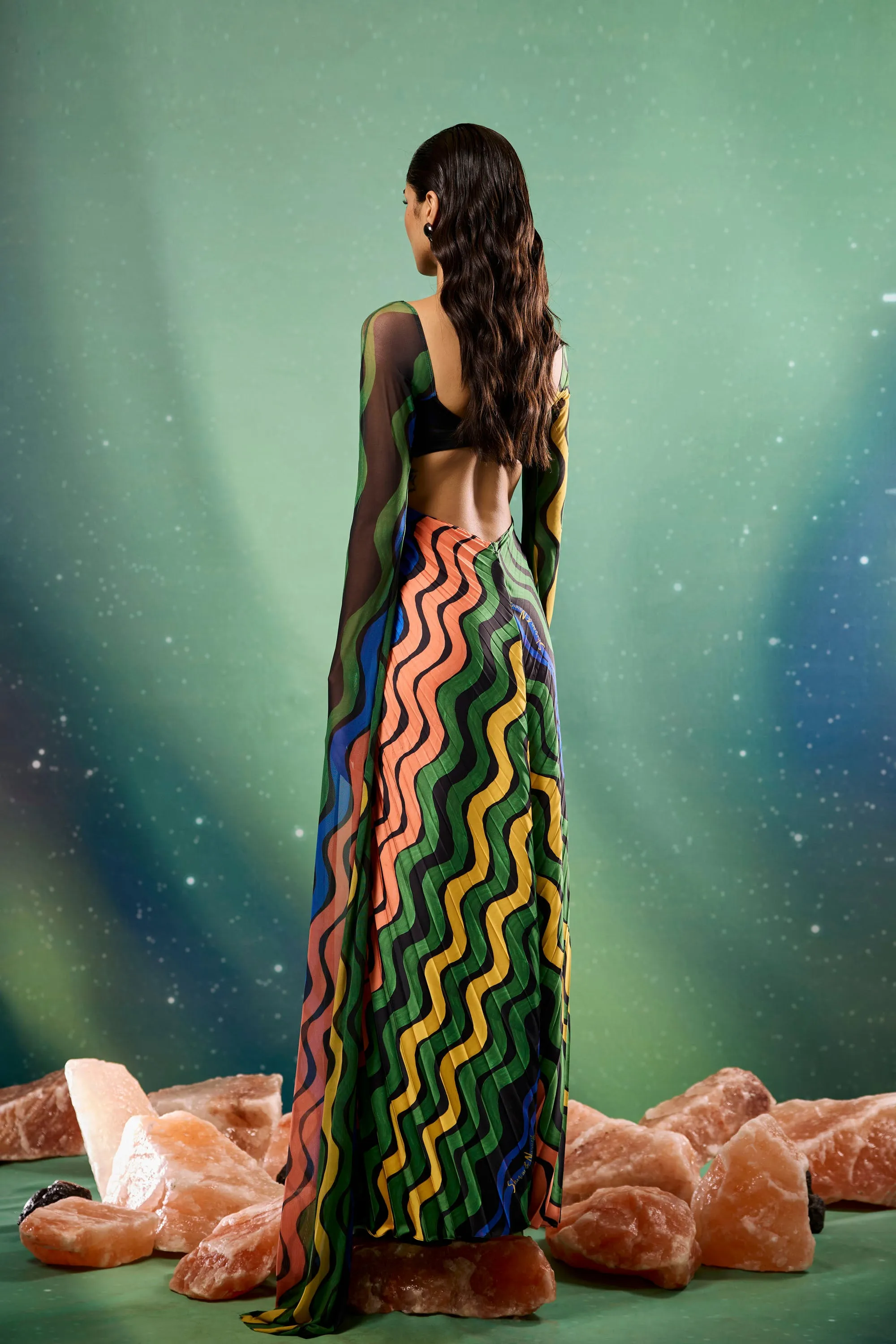 Aurorays Embellished Pleated Maxi with Cape Sleeves