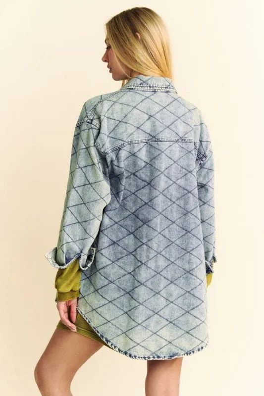 Curved Hem Diamond Quilted Button Up Denim Shacket