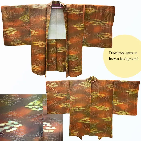 Gender-Neutral Vintage Haori Jacket ,Dewdrop lawn on brown background