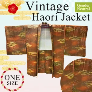 Gender-Neutral Vintage Haori Jacket ,Dewdrop lawn on brown background