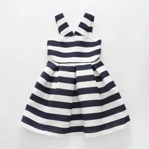 Girl's Blue and White Striped Peacoat Pleated Party Dress