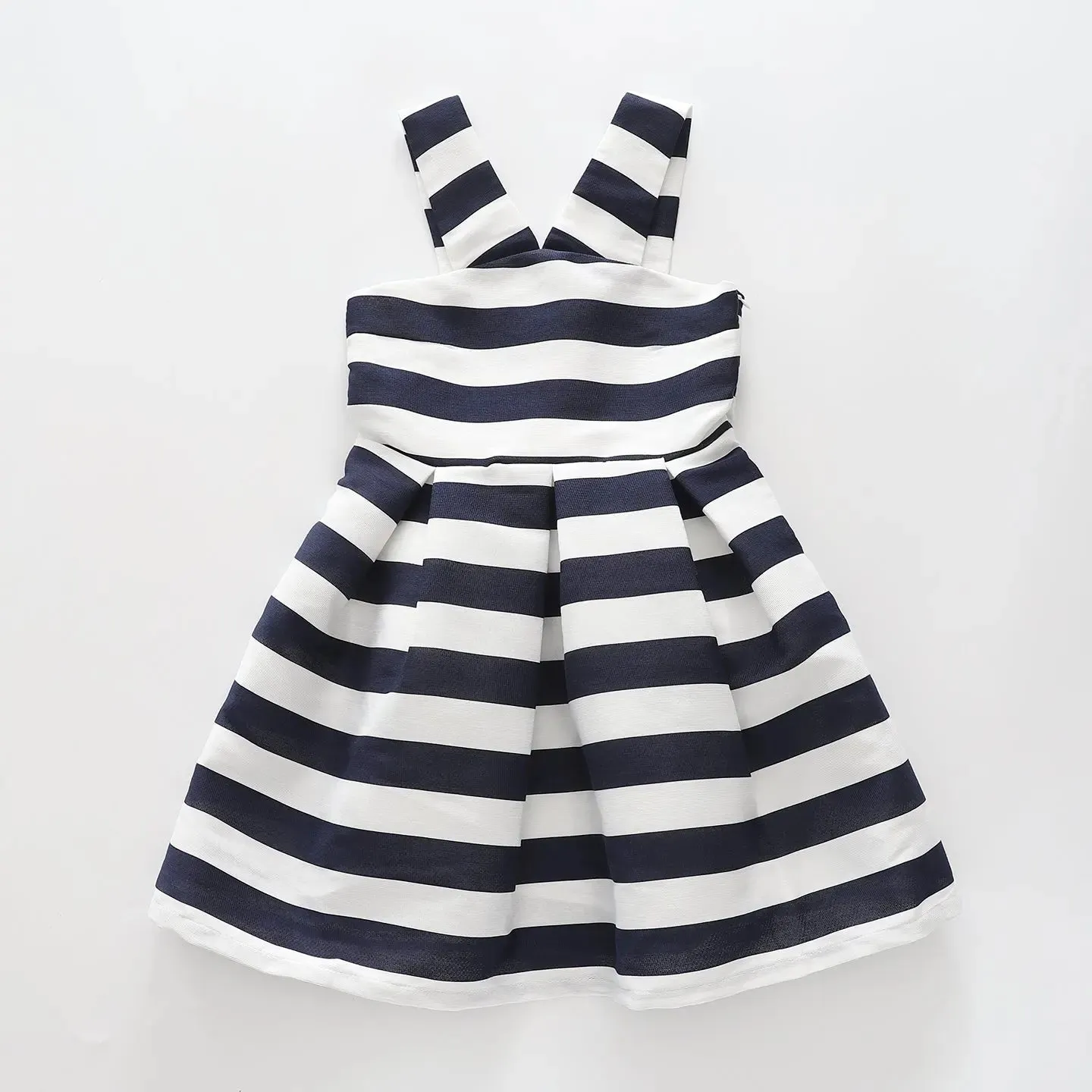 Girl's Blue and White Striped Peacoat Pleated Party Dress
