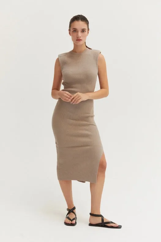 Iris Power Shoulder Ribbed Sweater Dress Cream