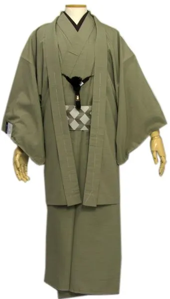 Men's Kimono Long Haori Jacket Coordinate Set - Grass Green 174~183cm