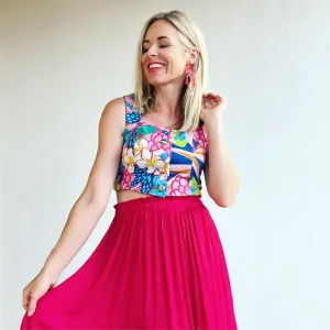 Pleated elastic waist skirt - cherry