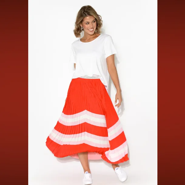 Pleated elastic waist skirt - red, pink and white
