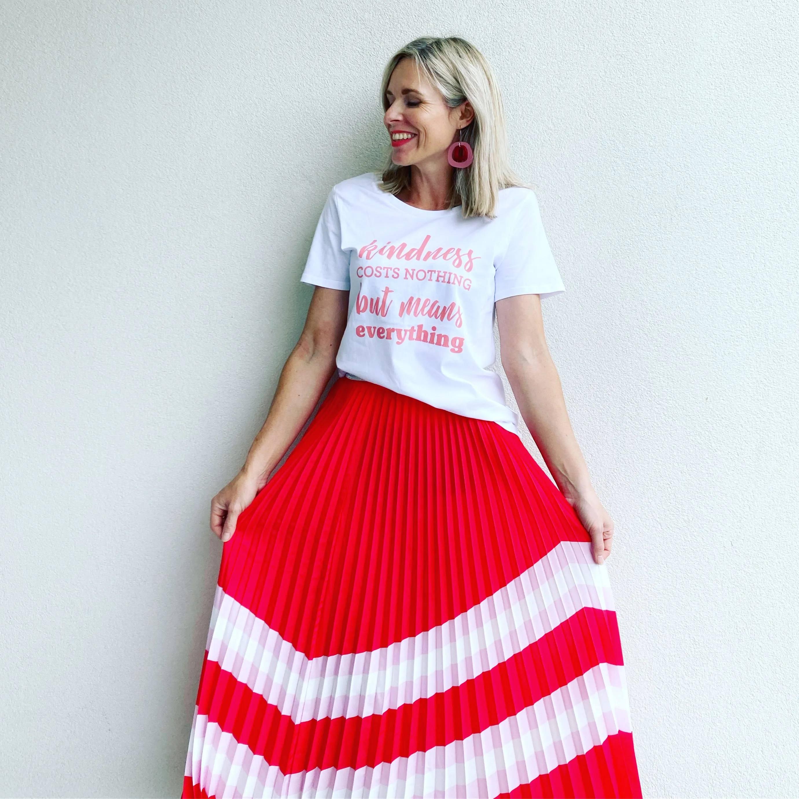 Pleated elastic waist skirt - red, pink and white