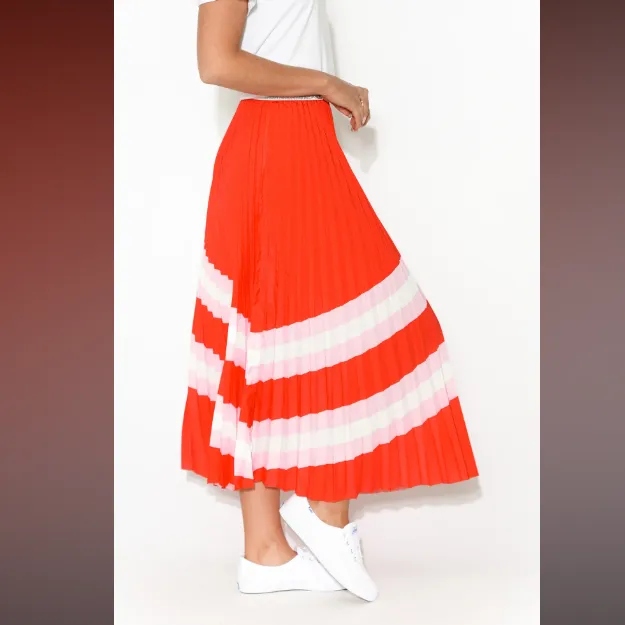 Pleated elastic waist skirt - red, pink and white
