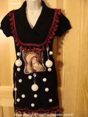 Ugly Christmas Sweater Party Tacky Dress with Mary and Baby Jesus and 3D Ornaments (d73)