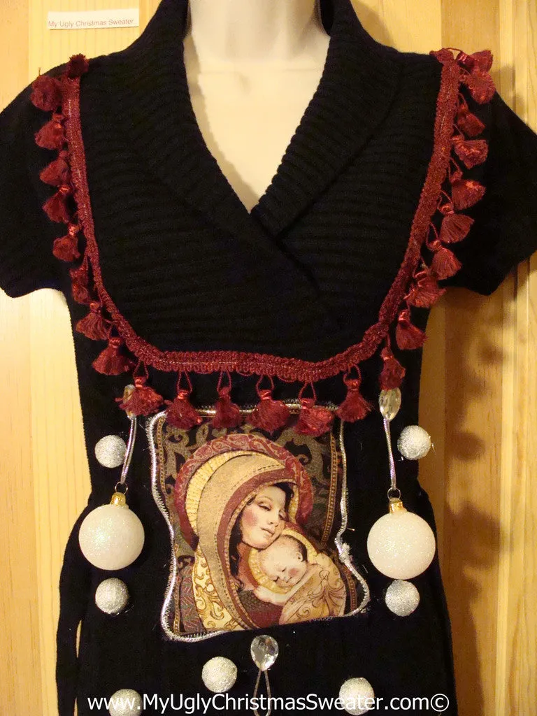 Ugly Christmas Sweater Party Tacky Dress with Mary and Baby Jesus and 3D Ornaments (d73)