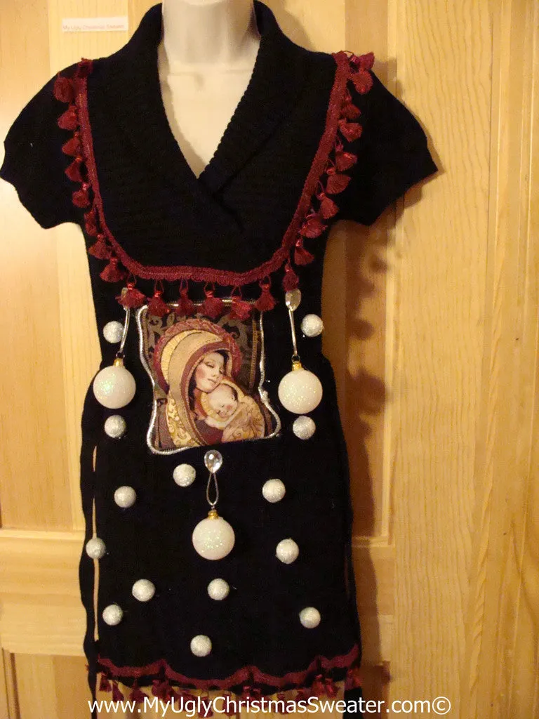 Ugly Christmas Sweater Party Tacky Dress with Mary and Baby Jesus and 3D Ornaments (d73)