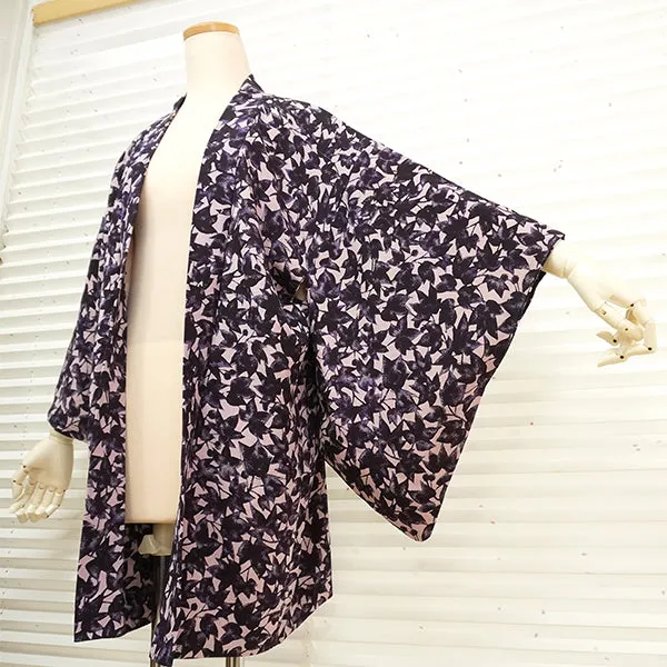 Vintage Haori Kimono Jacket Silk, Soft Pink base, Purple Leaf Design