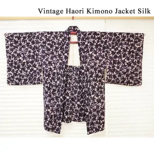 Vintage Haori Kimono Jacket Silk, Soft Pink base, Purple Leaf Design