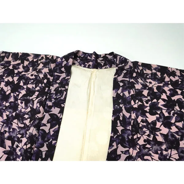 Vintage Haori Kimono Jacket Silk, Soft Pink base, Purple Leaf Design