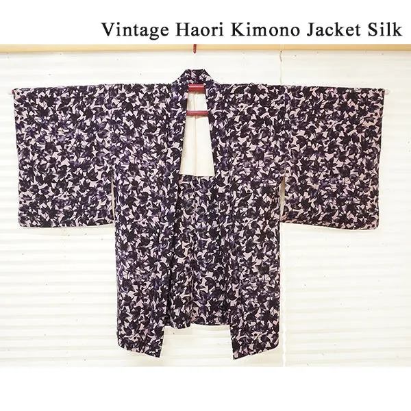 Vintage Haori Kimono Jacket Silk, Soft Pink base, Purple Leaf Design