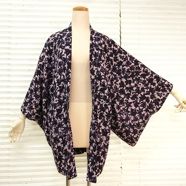 Vintage Haori Kimono Jacket Silk, Soft Pink base, Purple Leaf Design