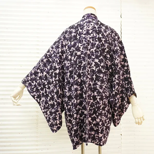 Vintage Haori Kimono Jacket Silk, Soft Pink base, Purple Leaf Design