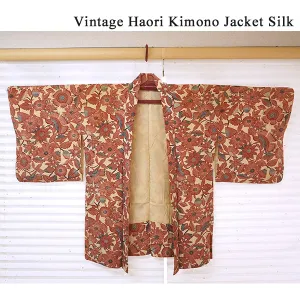 Vintage Haori Kimono Jacket Silk,Beige base, Elegant Floral Pattern