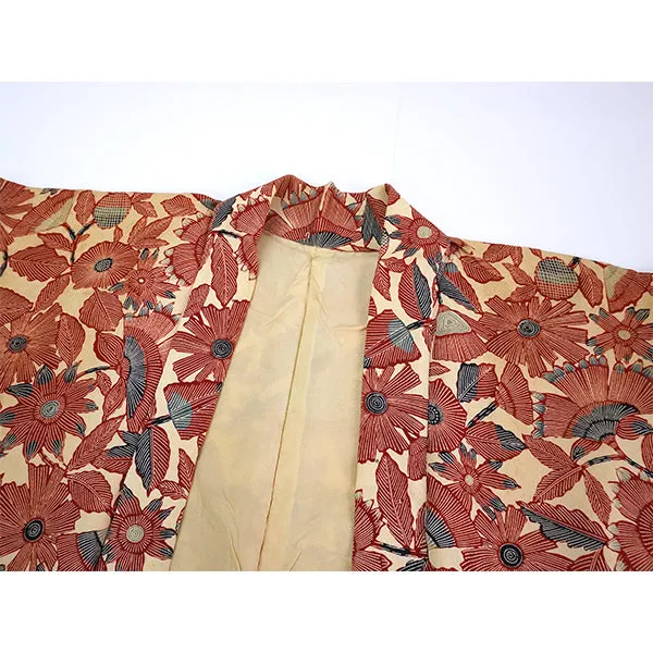 Vintage Haori Kimono Jacket Silk,Beige base, Elegant Floral Pattern