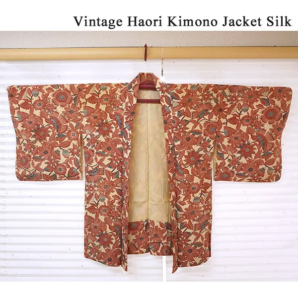 Vintage Haori Kimono Jacket Silk,Beige base, Elegant Floral Pattern