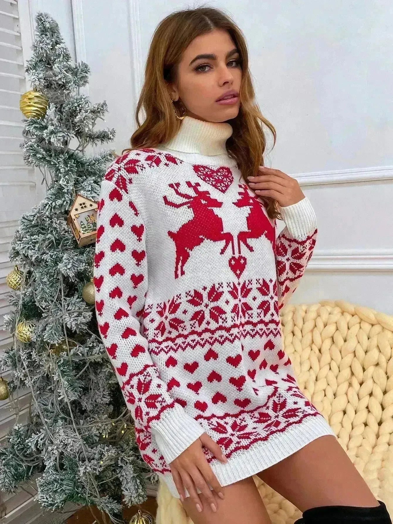 Winter Wool Mini Jumper dress Christmas Turtleneck Sweater Dress