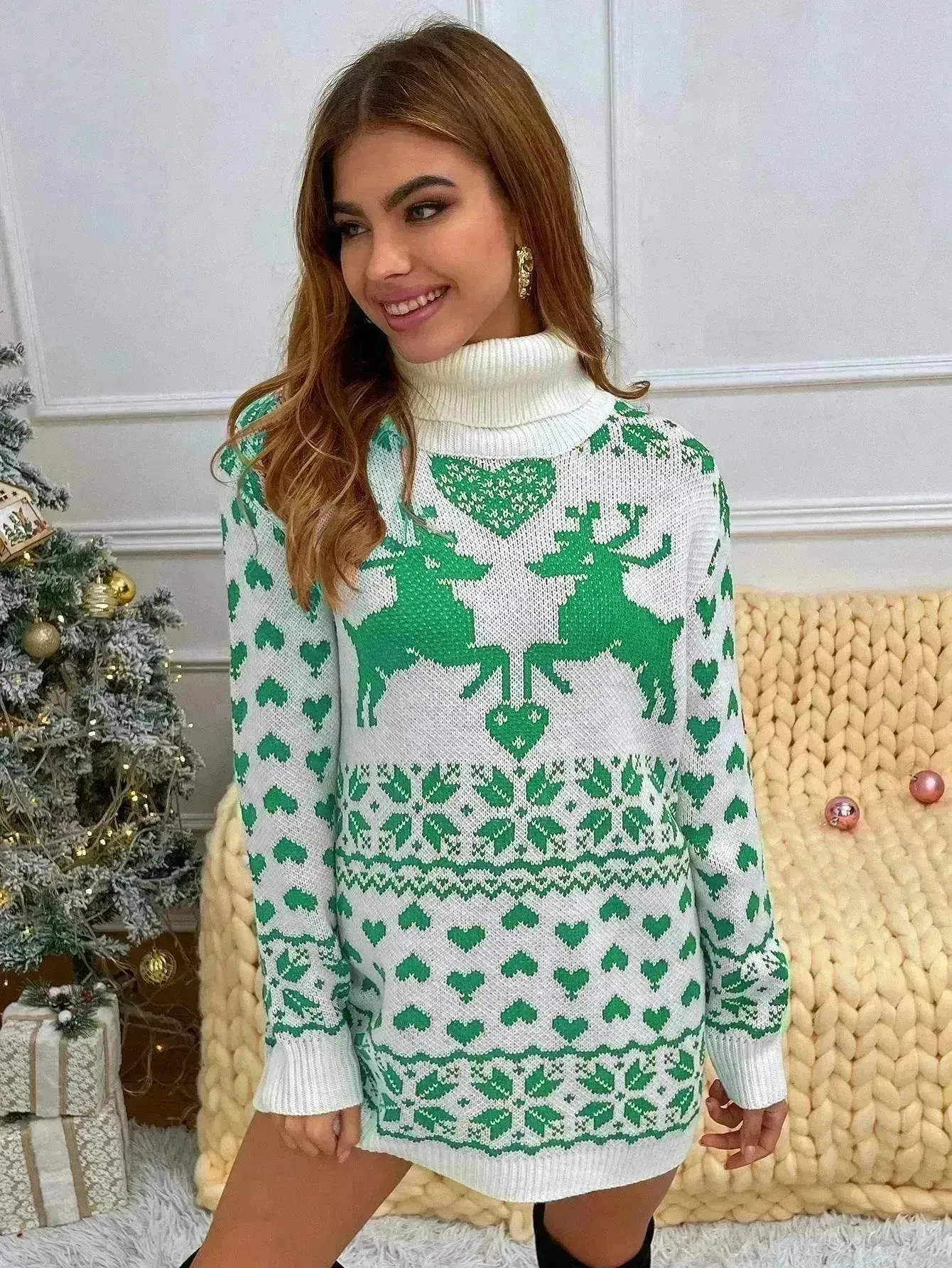 Winter Wool Mini Jumper dress Christmas Turtleneck Sweater Dress
