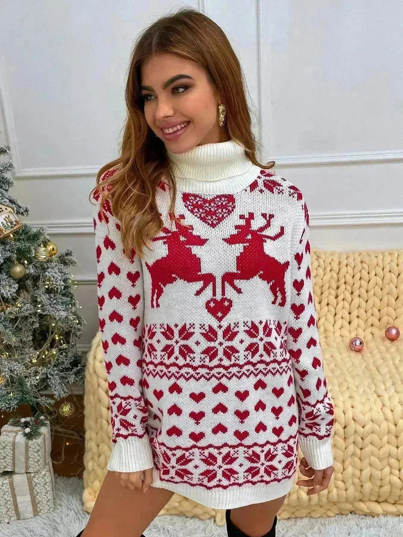 Winter Wool Mini Jumper dress Christmas Turtleneck Sweater Dress